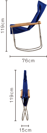 折り畳んだロッキングを側面と正面から示す公式図。高さ119cm、奥行76cm、幅15cmの寸法入り